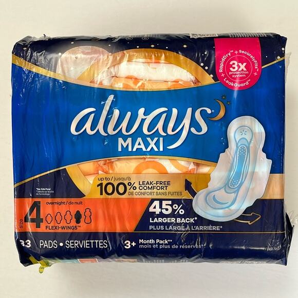 Always Maxi Pads Size 4 Overnight 33 Pads Flexi-Wings - Picture 1 of 7